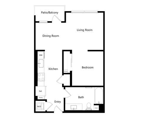 Floor plan for 1 bed, 1 bath, 651 sqft